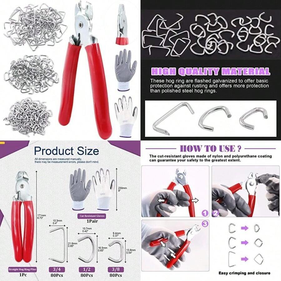 Swpeet - 360 anil de cerdo galvanizados de 3/4 pulgadas 1/2 pulgadas 3/8 pulgadas con alicates de anillo de cerdo recto, kit de instalación profesional de anil de cerdo para tapicería elástica,(Alicates planos para cerdo con 240 anil para cerdo) - Tipo 3 - Ver 1