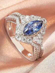 S925 纯银女士戒指，华丽高档优雅闪亮马眼订婚戒指，适合婚礼新娘装饰、日常装扮、情人节派对、情人周年惊喜礼物、派对宴会 - 淺藍色 - 查看 2