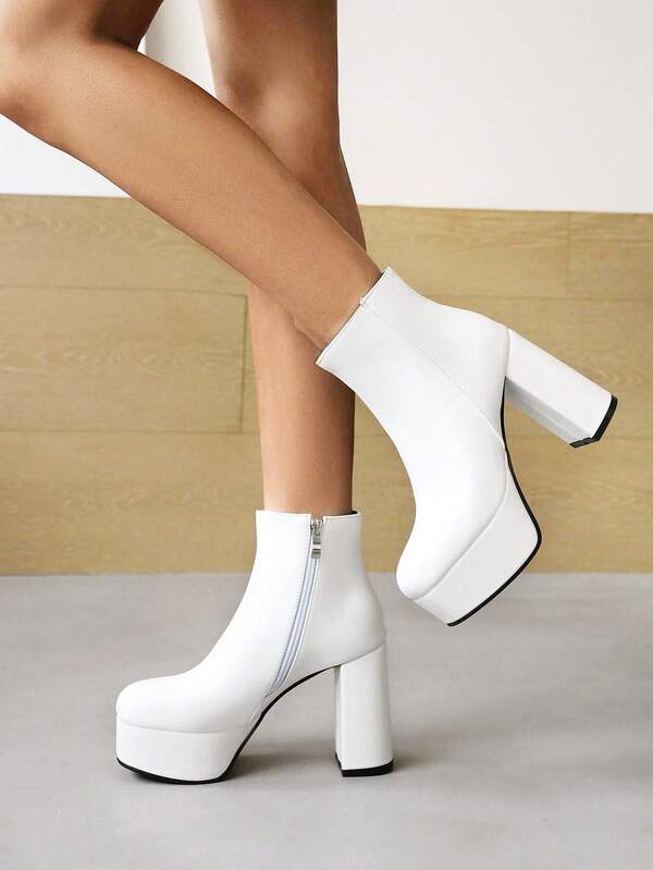 Damen schwarze High Heel Modestiefel mit Seitlichem Reißverschluss, Plateau Quadratische Zehenkappe Knöchel Stiefel, GOGO Kampfstiefel, geeignet für Party und Straßenmode