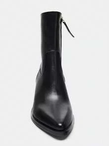 女式新款冬季皮革尖头粗跟侧拉链踝靴