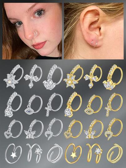 CIZME 1pc Funky Stainless Steel Dangle Nose Rings Hoop For Women,Nose Piercing Jewelry Cartilage Earring CZ Flower Butterfly Daith Tragus Helix Nose Ring Piercing Jewelry