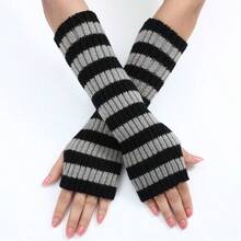 Long Color-Block Striped Wool Gloves Autumn And Winter New Mid-Length Fingerless Women's Warm And Fashionable Knitted Arm Sleeves In Various Colors - 紫色 - 查看 9