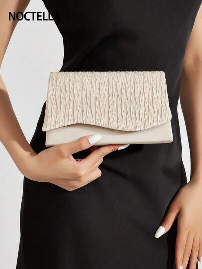 1 时尚杏色褶皱条纹涤纶手拿包，一款时尚个性化的简约晚宴包，单包链条包，适合女孩日常购物、旅行和约会，适合晚餐、派对宴会包、派对钱包，送给女士的礼物