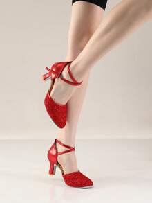 女士拉丁舞鞋亮片包头舞鞋交谊莎莎舞厅练习表演舞鞋婚礼派对高跟红色舞鞋 - 紅色 - 查看 6