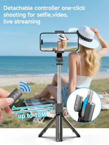TOKQI 自拍杆三脚架，带可选补光灯，便携式和伸缩式，可伸缩自拍杆三脚架，带无线遥控器和三脚架支架，轻巧紧凑，兼容各种设备型号。