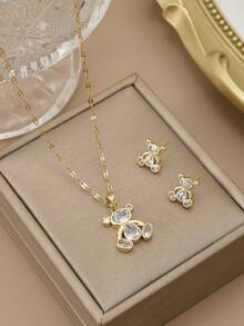 1 件时尚方晶锆石熊形不锈钢女士项链，1 对时尚方晶锆石熊形不锈钢女士耳环，黄金首饰，金项链，女士配饰，送给她的礼物，派对，暑假 - 白色 - 查看 5