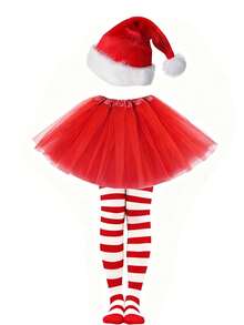 4 件套女士圣诞服装套装 - 圣诞帽、手套、条纹袜、红色薄纱裙、圣诞节假期角色扮演服装