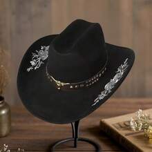 Women Men Embroidery Cowgirl Hat Wide Brim Cattle Head Belted Wool Hat Felt Jazz Cap For Party - 黑色 - 查看 3