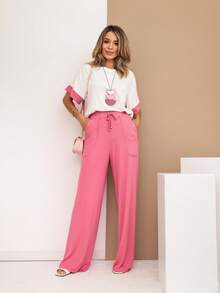 Women's Set, Wide Leg Pants, Two-Tone Sleeve Blouse, Loose, Elegant - Rosa - Ver 1
