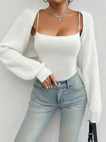 Cárdigan casual tejido de punto acanalado dama mujer manga dolman otoño invierno crop top corto manga larga torera cómoda suave calientita aesthetic ballet diario coquette cozy trenzado - Blanco - Ver 5