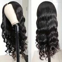 Parrucca da donna con parte a V e onda del corpo, densità 200%, calotta in rete rosa, capelli umani brasiliani, parrucca festiva realizzata a macchina, facile da installare, diverse lunghezze disponibili, - Upgrade V Part Wigs - Natural Black - Visualizzare 11