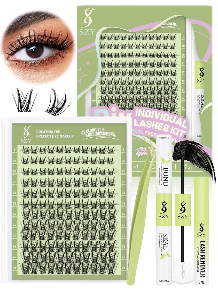 132 Peças Kit de Cachos de Cílios C Wispy Natural 8-18mm, Kit de Extensão de Cílios Agrupados, Cílios Individuais DIY Falsos Kit de Extensão de Cílios com Adesivo e Selante de Cílios, Pinça Removedora de Cílios, Faixa de Cílios Fina e Invisível - Preto - Visão 1