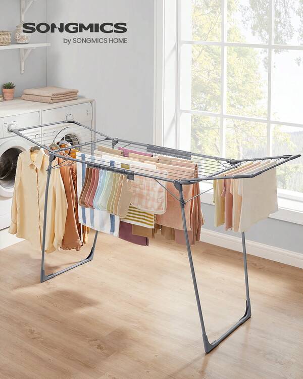 SONGMICS Clothes Airer 52.5 x 173 x 96.5 cm Wing Clothes Airer Space Saving with Sock Holder Metal for Clothes, Towels, Laundry