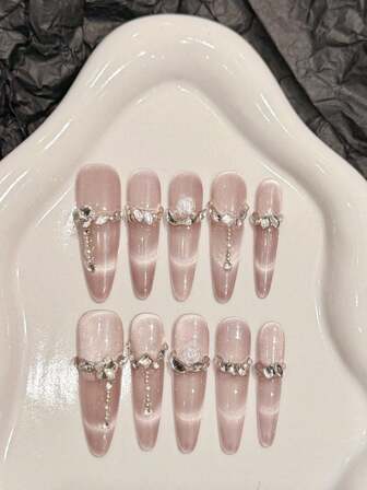 10 pièces Faux ongles longs en stiletto de luxe faits à la main, pour Noël, avec 3 pièces d'outils, adhésif à ongles et languettes. Convient pour les filles et les femmes pour assister à des fêtes.