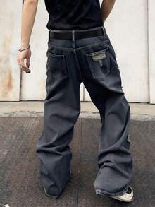 1 chiếc quần jeans ống rộng rách rưới dành cho nam, kiểu dáng vintage Mỹ, phong cách đường phố, dáng rộng thoải mái (Sản phẩm không bao gồm thắt lưng và phụ kiện) - Màu xanh bụi bặm - Xem 8