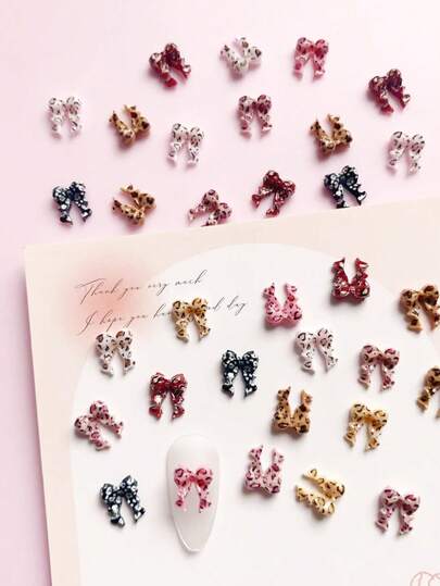 100 件秋冬款式，小号豹纹蝴蝶结设计美甲装饰，领带和丝带美甲配件，DIY，美甲产品，美甲饰品，豹纹美甲，美甲配件