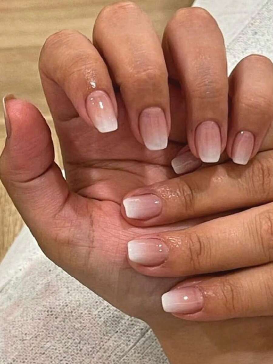 法式粉色方形美甲贴纸,渐变粉色美甲套装,亚克力凝胶美甲贴纸,自然短款假指甲(含胶水),女士美甲用品 - 彩色 - 查看 1