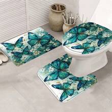 1/4 Set Green & Blue Butterfly Pattern Bathroom Curtain Set, Includes Anti-Slip Rug, White Floral Painting Bohemian Style Bathroom Set, Bath Rug, Bath Mat And Toilet Mat - Multicolor - View 5