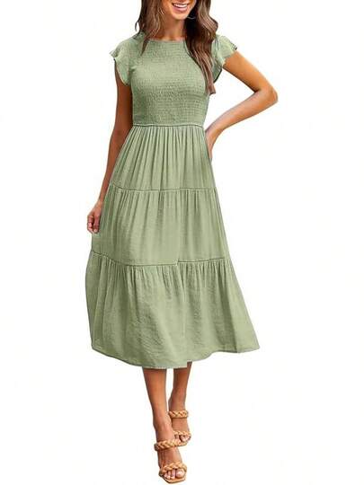 Vestidos de Mujer Elegantes Largos Casuales Maxi para Verano Moda Diaria con Manga Volante Plisado Escalonado