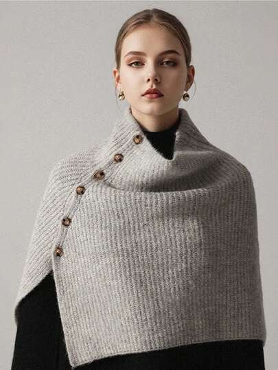 1 قطعة بونشو كاجوال أنيق للنساء، كارديجان مضفر بياقة عالية وأزرار، وشاح دافئ للخارج في فصلي الخريف والشتاء