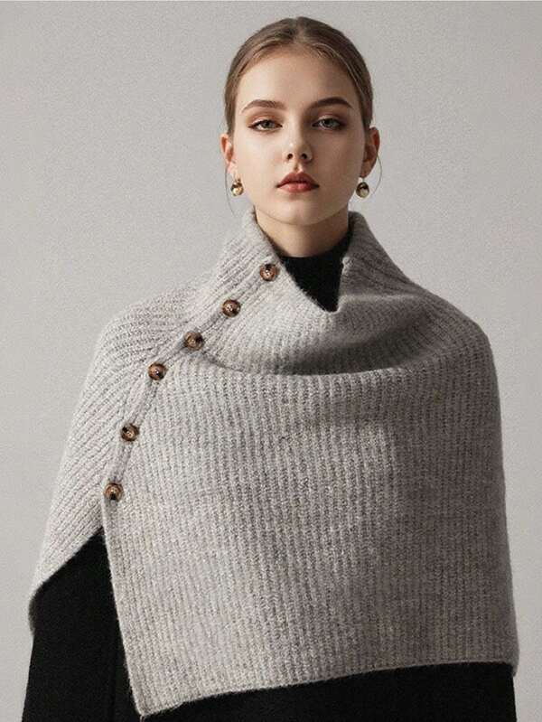 1 قطعة بونشو كاجوال أنيق للنساء، كارديجان مضفر بياقة عالية وأزرار، وشاح دافئ للخارج في فصلي الخريف والشتاء