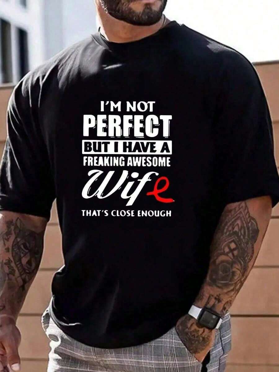 Men's Graphic T-Shirt With Slogan - Black - View 1
