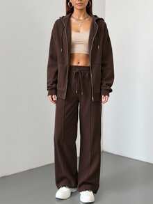 2pcs Solid Color Casual Zip-Up Hoodie Set, Suitable For Beach, Office, Workout, Home, Street, Spring, Autumn, Winter, Graduation, Back To School, Women Teachers, Fall Clothes, Winter Clothes, Halloween Costumes, Saudi National Day Clothes - 棕色 - 查看 5