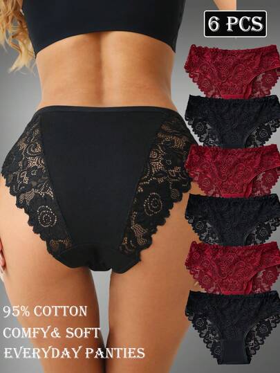 6 pièces Lot de culottes élégantes en coton unicolore avec dentelle pour dames