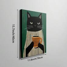 1幅黑猫咖啡主题帆布墙画，条纹毛衣印花，舒适现代海报，简约波西米亚风装饰，适用于厨房、客厅或办公室，宠物爱好者礼物，可选无框或有框。 - 彩色 - 查看 10
