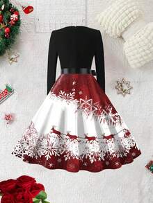Robe de Noël grande taille, robe trapèze à manches longues et col rond avec imprimé sapin de Noël, flocons de neige, Père Noël - noir - Voir 2