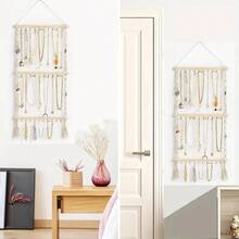 Wall-Mounted Jewelry Organizer - 30-Hook Beaded Hanging Basket With Fringe Design, Ideal For Necklace, Bracelet, Earring, Headband, And Bow Storage, Door-Hanging Jewelry Rack - 米色 - 查看 2