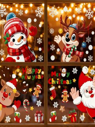 4 piezas de pegatinas estáticas navideñas para decoración de vidrio, pegatinas de Papá Noel, renos, copos de nieve, decoración de habitación navideña, decoración de fiesta navideña, decoración del hogar