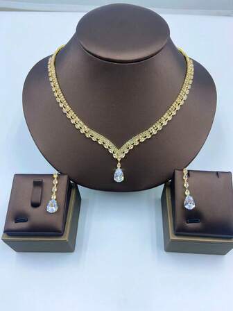 3 件套女士奢华珠宝套装，水晶锆石项链 + 耳环，优雅百搭，婚礼、派对、庆典和节日的最佳配饰