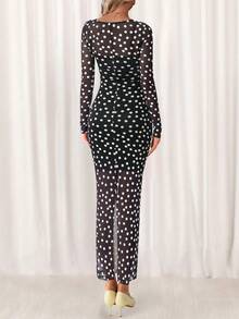 Women 2 Piece Dress Set See-Through Mesh Long Sleeve Polka Dot Sexy Bodycon Maxi Dress And Inner Spaghetti Strap Slip Dress Spring Fall Autumn Party Club Cocktail Wedding Valentine Long Dress Outfits - 大圓點黑色 - 查看 2