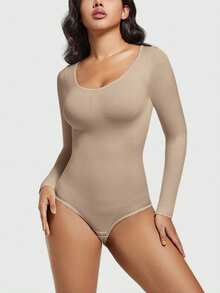 Áo định hình tay dài không đường may dành cho nữ, giúp kiểm soát vùng bụng và nâng mông. - Màu be - Xem 5