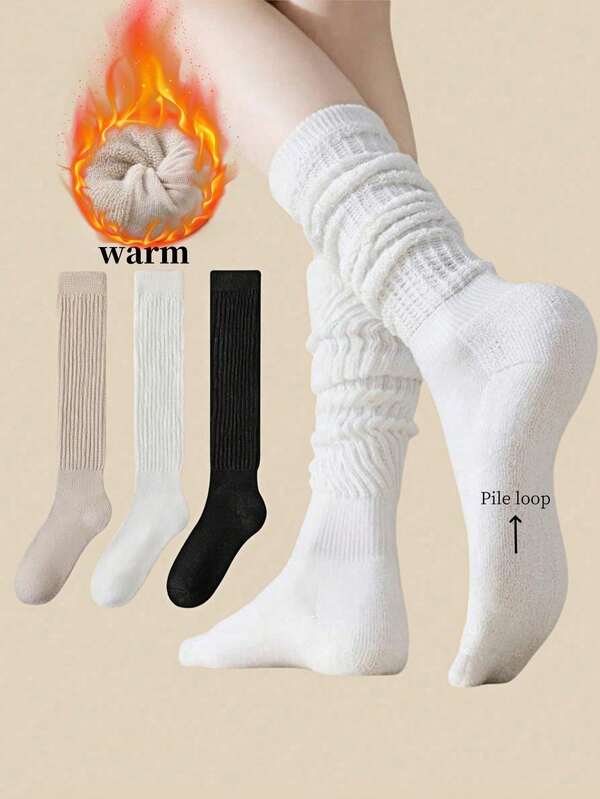 1/2/3 Pairs Women Winter Thickened Warm Socks, Fashionable Colors, Mid-Calf Length, Pleated Design, JK Style Stockings, Autumn/Winter Fleece Socks, Solid Color, Fashion Matching, Sports Socks With Terry Lining