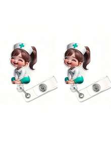 2D 平面亚克力护士女孩证件卡套 - 可伸缩卡扣，耐用标签，适合医学生和执业护士 - 耐用 PMMA 材质，适用于工作场所身份识别、医疗标签夹 | 趣味设计 | 耐用亚克力材质，护士配件，返校季，教师礼物 - 彩色 - 查看 9