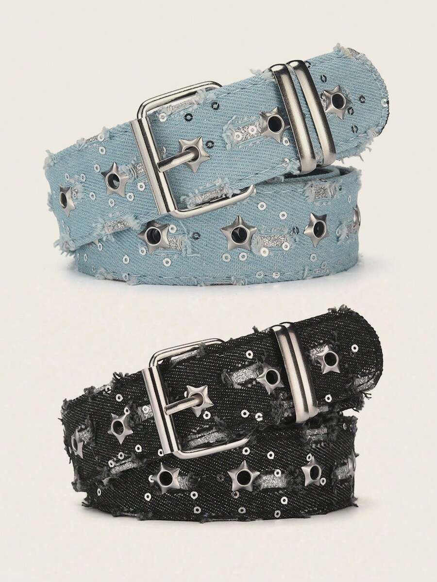 2pcs Punk Style Star Double Breasted Belt, Korean Version Jeans, Fashionable Decorative Pants Belt, Corns Belt - 2pc Black + Blue a - View 1