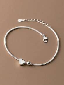 1pc Elegant Women's Jewelry, S925 Silver Dainty Ins-Style Heart & Bead Design Minimalist Snake Bone Chain Bracelet, Suitable For Daily Wear - #1 - View 1