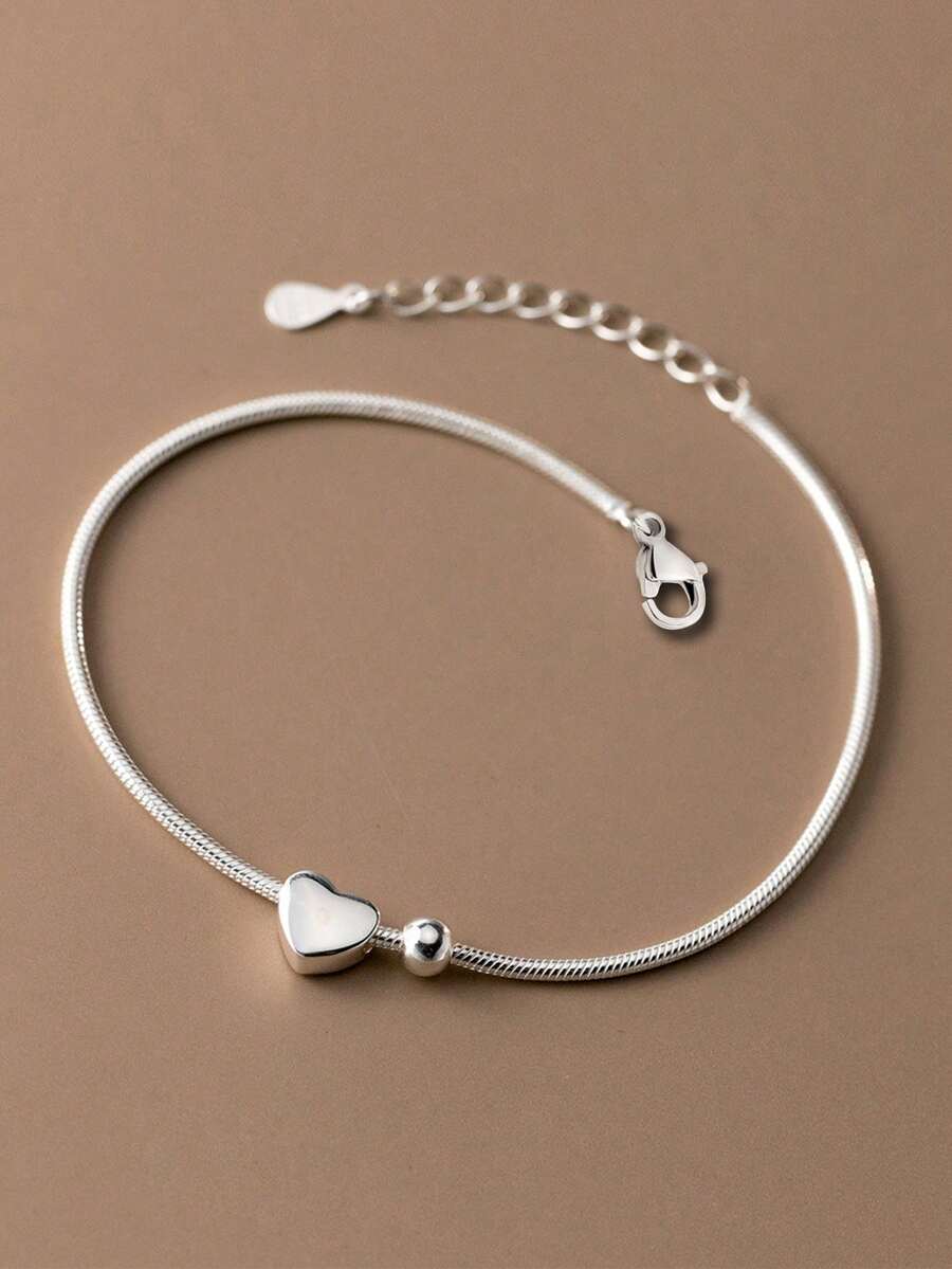 1pc Elegant Women's Jewelry, S925 Silver Dainty Ins-Style Heart & Bead Design Minimalist Snake Bone Chain Bracelet, Suitable For Daily Wear - #1 - View 1