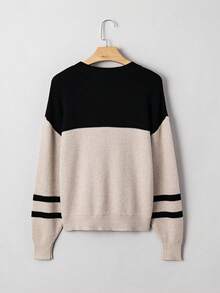 Acelitt Lässiger Rundhals-Pullover mit kontrastfarbigen gestrickten Streifendetails an den Ärmeln, geeignet für den täglichen Wintergebrauch - Verschiedenfarbig - Übersicht 5