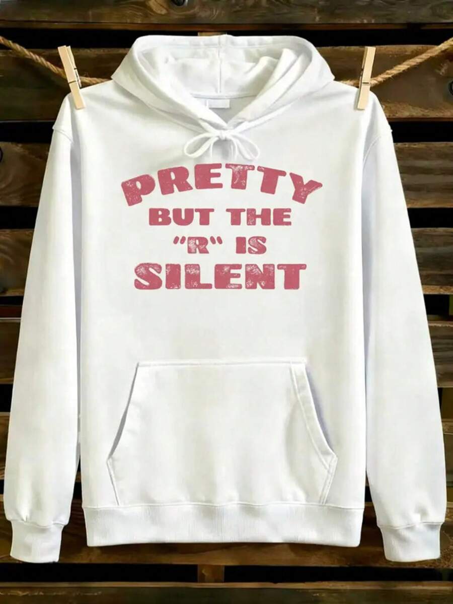 Men's & Women's White Hoodie With Pink "Pretty But The R Is Silent" Print - Soft Cotton Blend Pullover Sweatshirt, Adjustable Hood & Pocket, Unisex Casual Winter Wear For Christmas Gifts, Everyday Use (Machine Washable),Fall Hoodies,Men's Fall Clothes,Street Wear,Halloween,Mens Hoodies,Y2k Clothes,Jesus Hoodie,Thanksgiving Day,Nightmare Before Christmas,Christmas - White - View 1