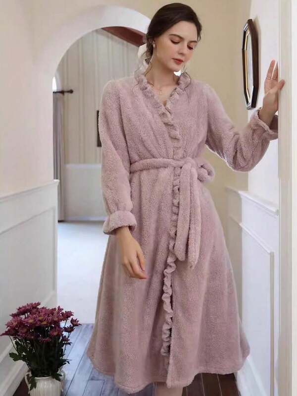 1pc Plush Ruffle Edge Bathrobe For Women ,Elegant French Style Bathrobe With Lotus Ruffle Edge,Super Soft, Durable Luxury Spa, Resort & Hotel Home Use Bathrobe,Gift For Women And Girls