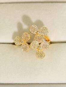 خاتم أنيق فاخر من الذهب/الفضة بتصميم البرسيم المرصع بالزركونيا، مناسب للنساء للاستخدام اليومي والأعمال والحفلات والزفاف والسفر وهدايا عيد الفطر وعيد الأضحى