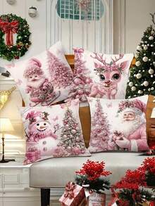 4 件套节日圣诞抱枕套，17.2 英寸 x 17.2 英寸，图案包括雪人、驯鹿、圣诞老人和小矮人，拉链式涤纶抱枕套，适用于客厅沙发装饰，现代风格，可机洗，不含枕芯，圣诞抱枕套 - 粉色 - 查看 10