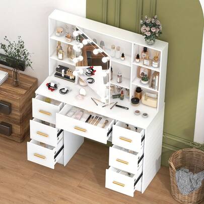 [Top Choice For Halloween And Christmas Gifts] Vanity Table With Makeup Mirror With LED Lights, Dressing Table Makeup Desk With Drawers - Scandinavian Modern Style, Solid Wood Construction, Dimmable LED Lights With Touch Sensor, Spacious Storage Organizer With Multiple Partitions For All Cosmetics, Skincare, Jewelry & Accessories | Perfect Bedroom Vanity, Bathroom Makeup Station, Dorm Room Organizer | Minimalist Fresh Aesthetic, Girly Chic Home Decor, Fast Shipping, In Stock Now For Immediate Delivery, Best Gift For Women, Teens, Bridal Shower Present