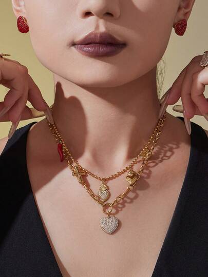 1 Set 18 Karat vergoldeter Edelstahl Luxus-Schmuck mit vollständig besetzten Diamanten in Herzform, bestehend aus Ring, Ohrringe und Halskette, geeignet für den täglichen Gebrauch und als Geschenk, z.B. zum Valentinstag oder Muttertag