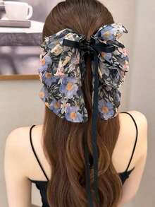 1 Pezzo Fermaglio per capelli grande da donna con stampa floreale bianca e nera, eleganti fermagli per capelli, accessori per capelli invernali, moda fermagli per capelli estivi - floreale blu - Visualizzare 7