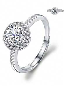 1 件女士时尚戒指，莫桑石豪华全钻 1 克拉圆形可调节开口戒指，适合女士礼物、婚礼、约会、情侣戒指