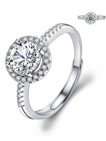 1 st damring, lyxig moissanit med hel diamant 1 karat rund justerbar öppen ring, lämplig för kvinnors presenter, bröllop, dejt, parring